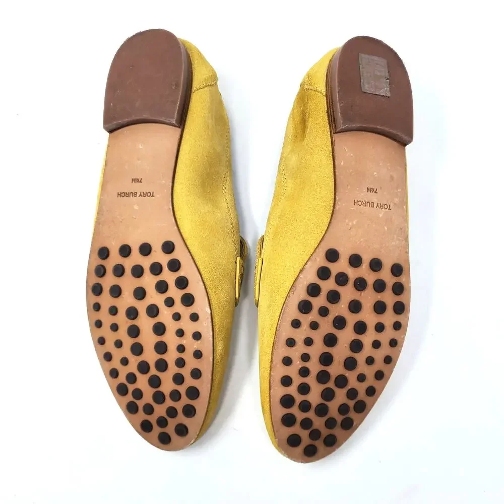 Tory Burch Ballet Loafers Flats Split Suede Leather Yellow Cornbread Size 7.5